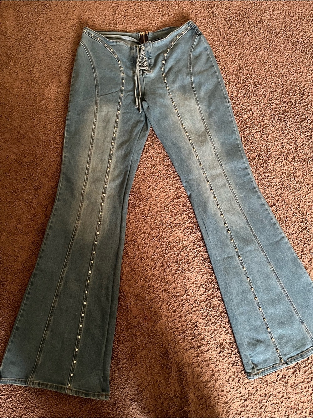Windsor Blue Lace-Up Flare Jeans with Stud Trim